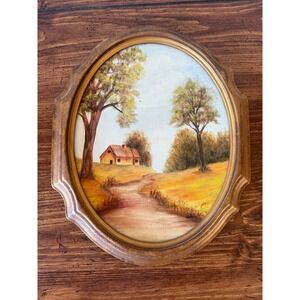 Vintage Landscape Oil Painting Oval Gold Frame Country Cottage Scene 8x10 Art
